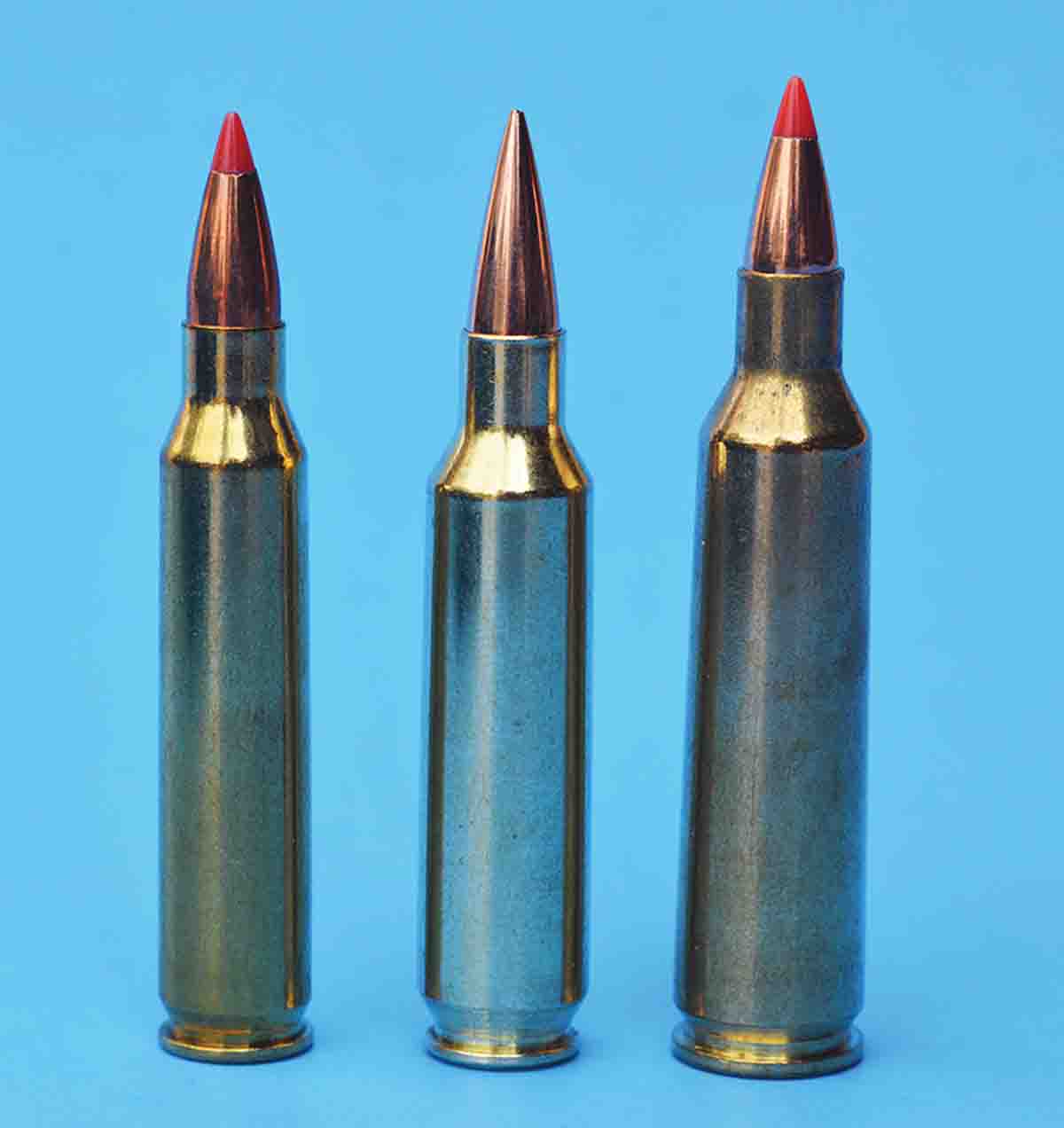 The .22 Nosler fills the performance gap between the .223 and .22-250 Remingtons, and it will stabilize bullets from 40 to 85 grains. From left, .223 Remington, .22 Nosler and .22-250 Remington.